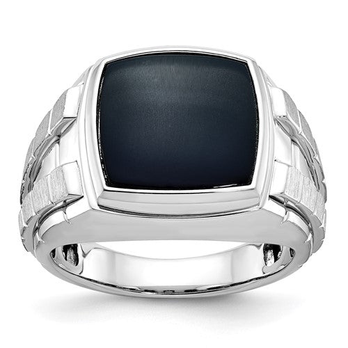 14k white gold men's ring with polished and satin finish featuring a black onyx stone, from Solomon Jewelers.