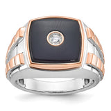 Two-tone 14k white and rose gold men's onyx diamond ring featuring a sleek band and intricate design, by Solomon Jewelers.