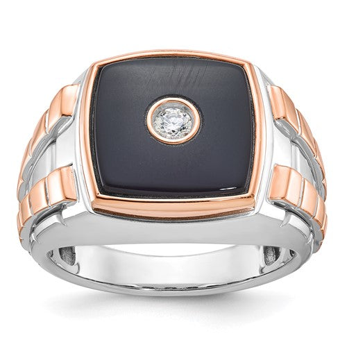 Two-tone 14k white and rose gold men's onyx diamond ring featuring a sleek band and intricate design, by Solomon Jewelers.