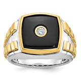 14k two-tone men's onyx and diamond ring by Solomon Jewelers, showcasing a stylish design with black onyx and sparkling diamonds.