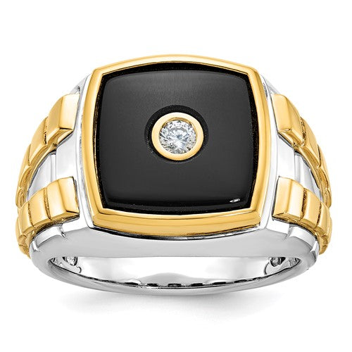 14k two-tone men's onyx and diamond ring by Solomon Jewelers, showcasing a stylish design with black onyx and sparkling diamonds.