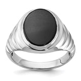 14k white gold men's oval onyx ring with detailed band, designed by Solomon Jewelers.