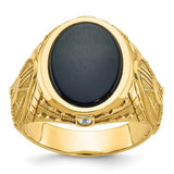 14k gold men's ring with onyx and diamond accents, featuring a polished band and intricate design from Solomon Jewelers