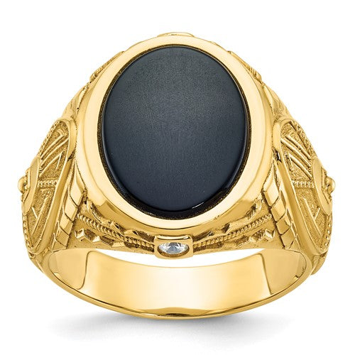 14k gold men's ring with onyx and diamond accents, featuring a polished band and intricate design from Solomon Jewelers