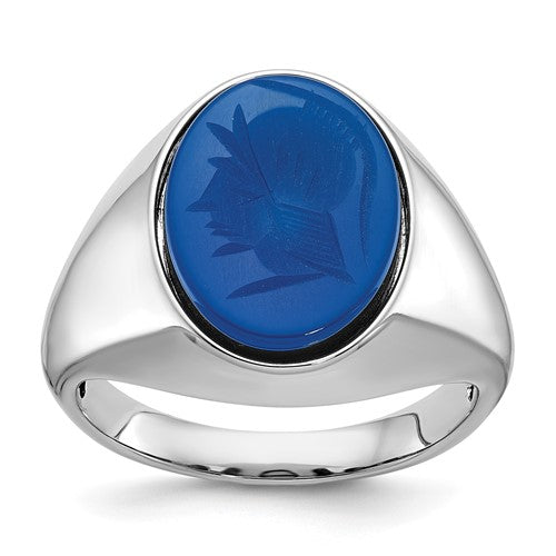 14k white gold men's ring with a blue agate intaglio design, featuring intricate detailing and a polished finish.