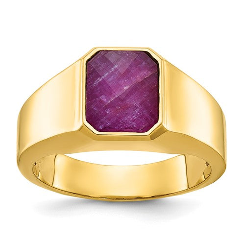 14k gold men's ring with created ruby doublet stone, Solomon Jewelers jewelry, featuring a polished band and detailed design.
