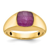 14k gold men's ring with a ruby doublet stone, featuring intricate design details, from Solomon Jewelers jewelry collection.