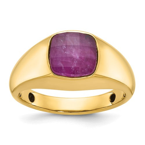 14k gold men's ring with a ruby doublet stone, featuring intricate design details, from Solomon Jewelers jewelry collection.