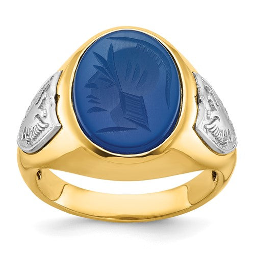 14k two-tone men's blue agate ring by Solomon Jewelers, featuring a polished band and detailed design.