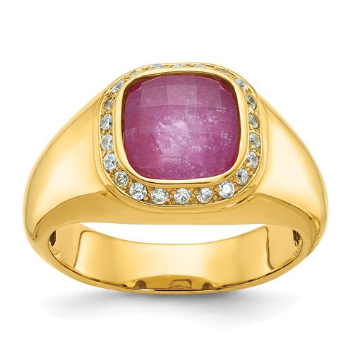 14k gold men's ring featuring a ruby doublet stone and diamonds, with intricate detailing and a polished finish.