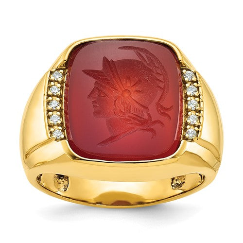 14k gold men's ring with vivid carnelian and diamond accents, crafted by Solomon Jewelers, showcasing elegant jewelry design