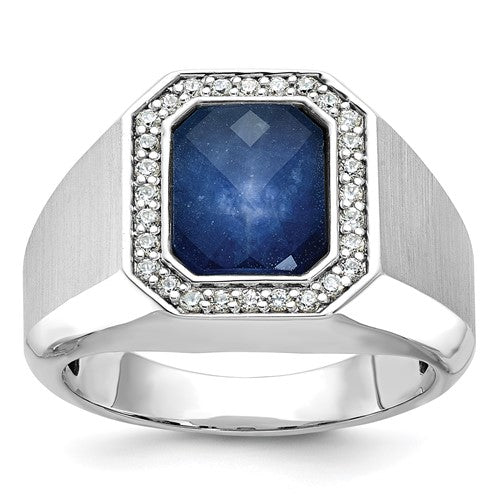 14k white gold satin sapphire and diamond doublet ring with intricate detailing, showcasing elegant jewelry craftsmanship.