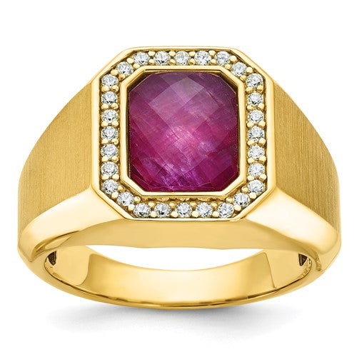 Solomon Jewelers 14k gold men's satin ruby doublet stone and diamond ring with intricate detailing in a jewelry ring image.