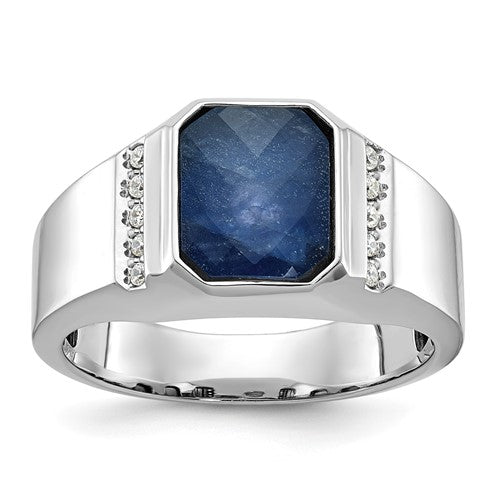 14k white gold ring featuring a sapphire doublet and diamond accents, showcasing elegant jewelry craftsmanship.