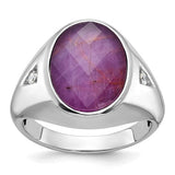 14k white gold oval ruby doublet and diamond ring with intricate band design, elegant jewelry piece from Solomon Jewelers.