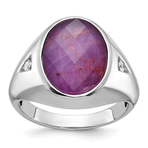 14k white gold oval ruby doublet and diamond ring with intricate band design, elegant jewelry piece from Solomon Jewelers.
