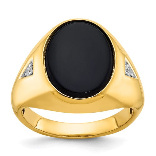 14k gold men's oval onyx and diamond ring with intricate detailing, showcasing elegant jewelry design.
