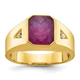 14k gold men's ring featuring created ruby doublet and diamond accents, crafted by Solomon Jewelers.