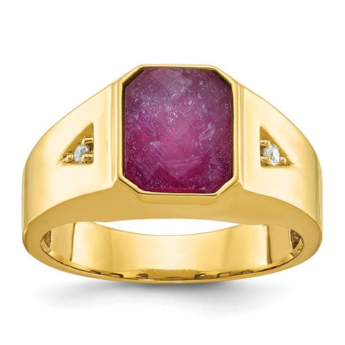 14k gold men's ring featuring created ruby doublet and diamond accents, crafted by Solomon Jewelers.