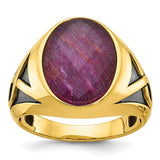 14k gold men's ring with black rhodium finish and ruby doublet stone, Solomon Jewelers jewelry, elegant wedding or statement ring
