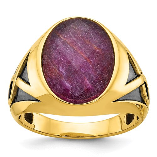 14k gold men's ring with black rhodium finish and ruby doublet stone, Solomon Jewelers jewelry, elegant wedding or statement ring