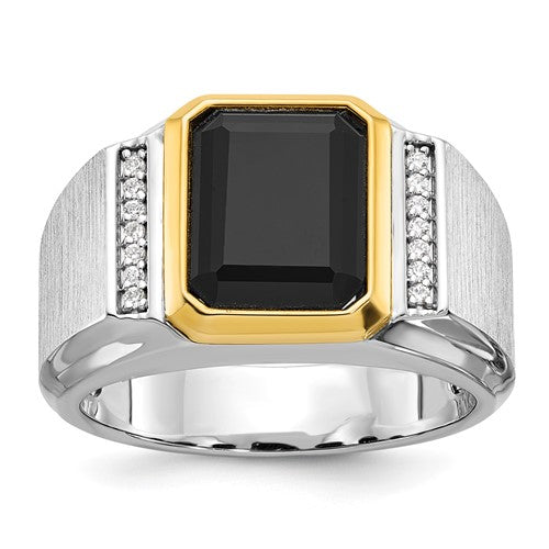 14k two-tone men's Onyx diamond ring with polished and satin finish, featuring a stylish design from Solomon Jewelers.