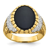 14k gold men's onyx and diamond nugget ring showcasing a polished design with black onyx and sparkling diamonds.