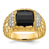 14k gold men's ring with polished nugget texture, onyx and diamond accents, from Solomon Jewelers.