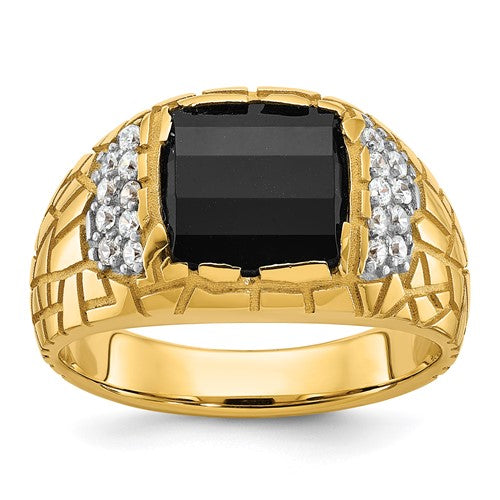 14k gold men's ring with polished nugget texture, onyx and diamond accents, from Solomon Jewelers.