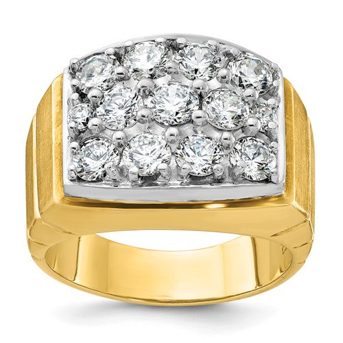 14k gold men's polished satin and grooved cluster diamond ring with intricate design and sparkling diamonds.