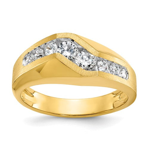 14k gold men's polished and satin diamond ring from Solomon Jewelers, featuring a sleek design and sparkling diamond accents.