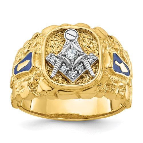 14k gold textured diamond blue lodge Masonic ring with nugget design by Solomon Jewelers, showing detailed craftsmanship.