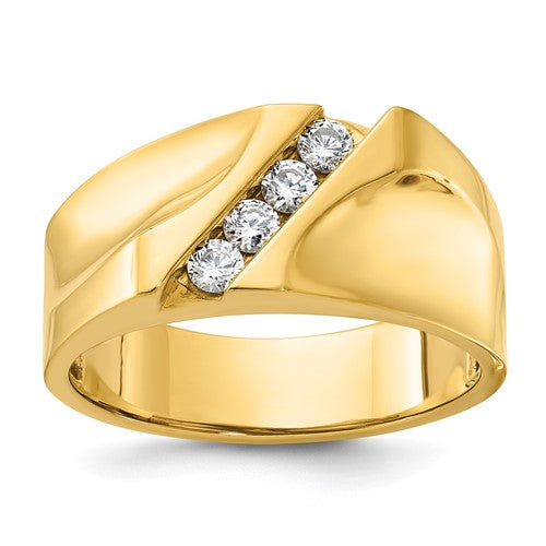 14k gold men's polished diamond ring with four-stone design, featuring sparkling diamonds and a sleek band.