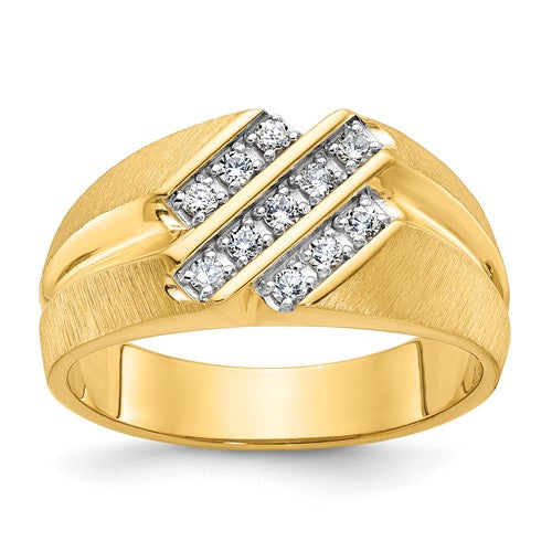 14k gold men's diamond ring with polished satin finish and grooved design, featuring a sleek and elegant jewelry style.