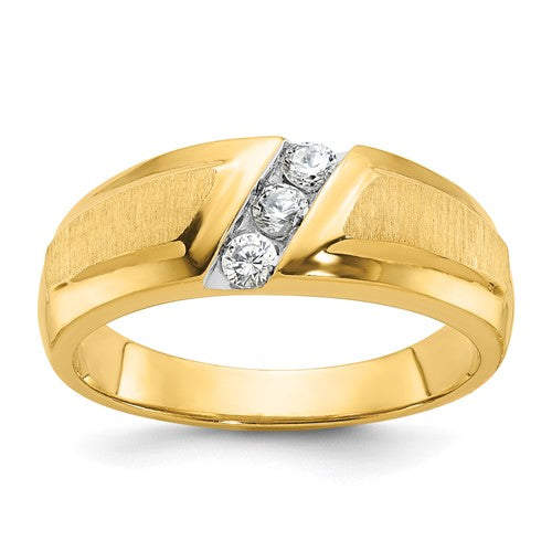 14k gold men's 3-stone ring mounting with polished and satin finish, showcasing elegant design and craftsmanship.