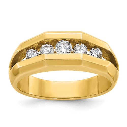 14k gold men's polished cut-out ring with five diamond stones, featuring a detailed design from Solomon Jewelers.