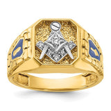 14k textured and enameled diamond Blue Lodge Masonic ring from Solomon Jewelers, featuring intricate design and blue enamel details.