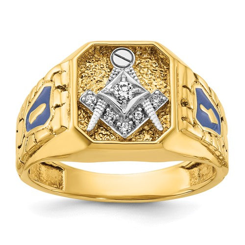 14k textured and enameled diamond Blue Lodge Masonic ring from Solomon Jewelers, featuring intricate design and blue enamel details.