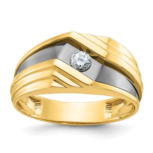 14k gold men's diamond ring with black rhodium polish and grooved design, from Solomon Jewelers.