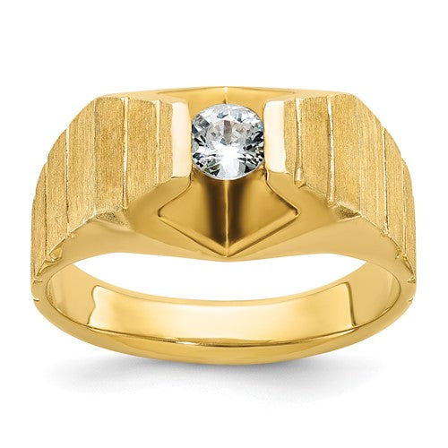 14k gold men's polished and satin diamond ring, featuring a complete design by Solomon Jewelers.
