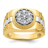 14k two-tone men's polished satin textured diamond cluster ring showcasing intricate design and sparkling diamond accents.