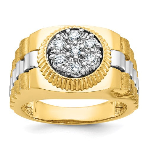 14k two-tone men's polished satin textured diamond cluster ring showcasing intricate design and sparkling diamond accents.