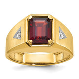 14k gold men's ring with polished and satin finish, featuring garnet and diamond accents, from Solomon Jewelers.