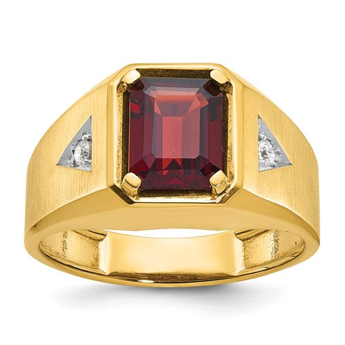 14k gold men's ring with polished and satin finish, featuring garnet and diamond accents, from Solomon Jewelers.