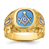 14k gold men's Masonic ring with nugget texture and created sapphire, showcasing detailed craftsmanship and elegant design.