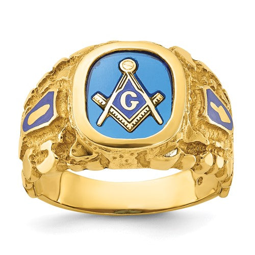 14k gold men's Masonic ring with nugget texture and created sapphire, showcasing detailed craftsmanship and elegant design.