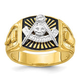 14k gold textured men's Masonic ring with black enamel detailing, featuring past master symbols, from Solomon Jewelers.