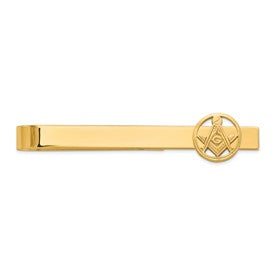 14k gold men's polished and beaded Masonic circle tie bar with detailed design, crafted by Solomon Jewelers.