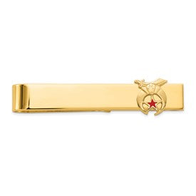 14k men's polished and textured Masonic Shriner tie bar with red enamel detail, large size, by Solomon Jewelers.
