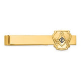 14k gold men's tie bar with polished and textured finish featuring blue enamel and Masonic design, from Solomon Jewelers.